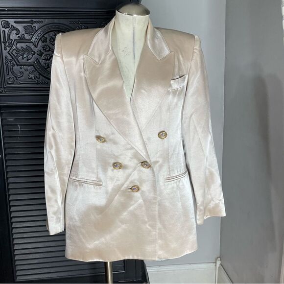 Vintage 80s Criscione Double Breasted Iridescent Crystal Buttons Blazer Jacket M - Picture 1 of 11